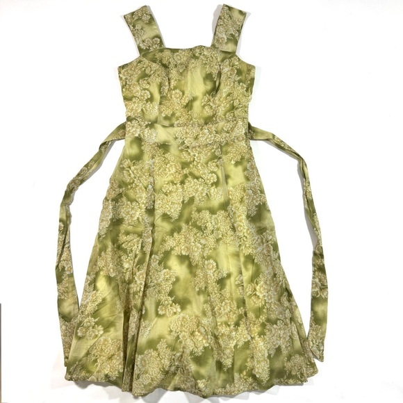 J Peterman Green Floral A Line Dress Tie Waist - Picture 1 of 8
